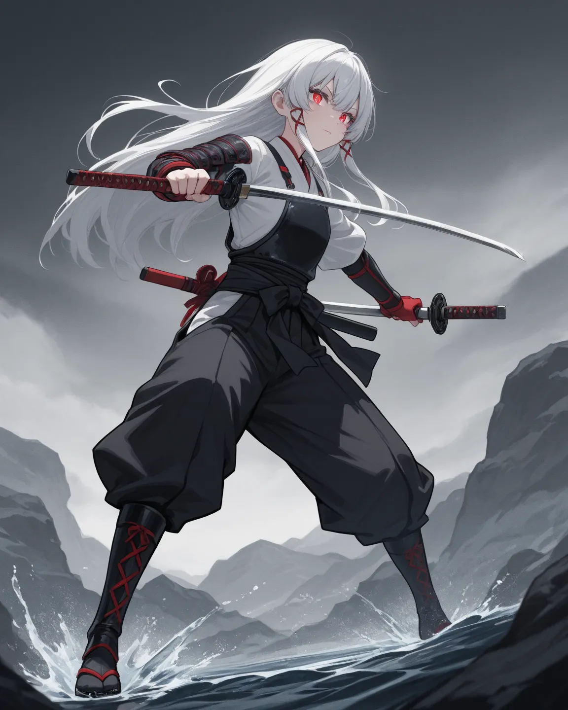 1 white hair girl with red locks and silver eyes of Demon Slayer with a samurai with long red hair makes a water snake