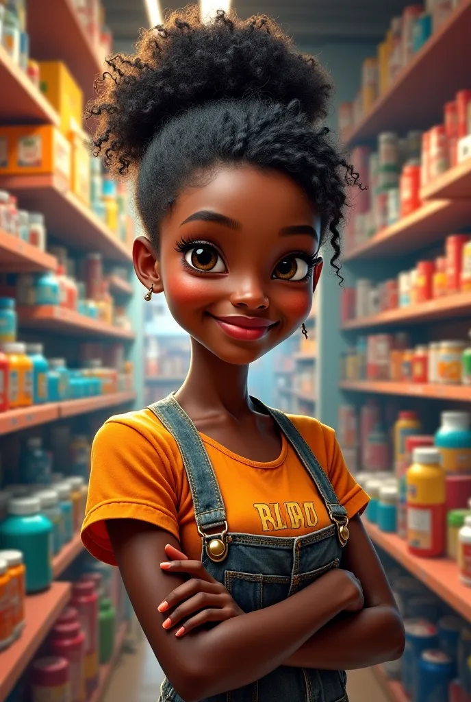 Generate for me the image of a 16-year-old African girl named Djene who has frizzy hair tied up in a bun who works in a store 