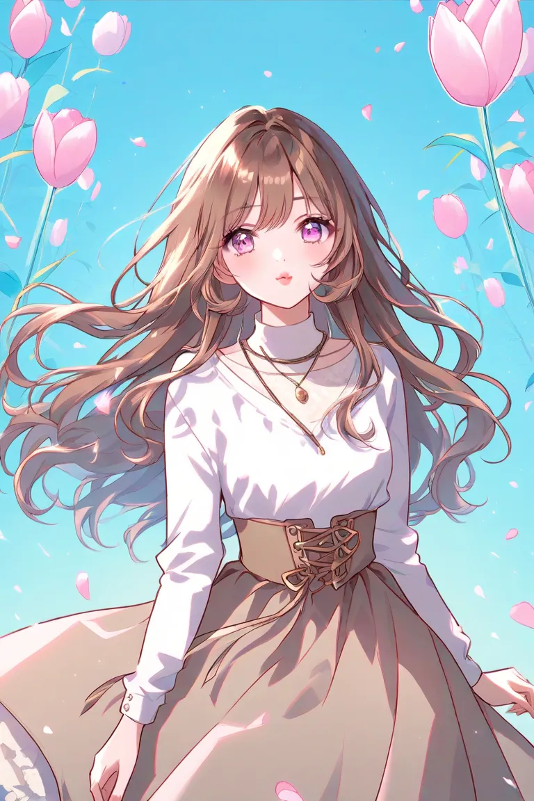 watercolor、 illustrations、1 girl、 beautiful face、cute、blue sky、 Tulips、caramel brown hair 、 long hair 、light pink eyes、Super droopy eyes、 teardrop bags、 white blouse、skirt、necklaces、pink cheeks、 small lips by Telebi、pink lips、 from afar、