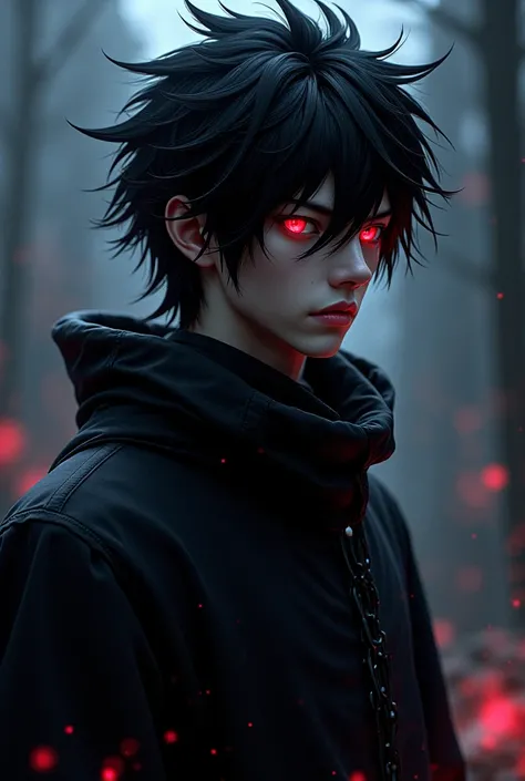 A manga character inspired by Sasuke Uchiwa who has red eyes and shiny black hair 