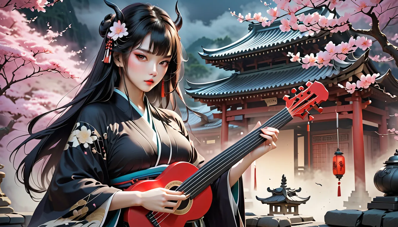 A beautiful Japanese demon girl with an intense and mysterious aura, glowing eyes emitting a soft ethereal light, wearing a traditional Japanese-patterned black kimono with intricate designs. She is gracefully playing a shamisen, the strings resonating wit...