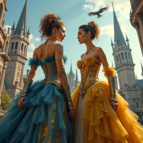 des femmes élégantes dans une ville fantastique steampunk, portant des robes baroques et haute couture avec de l'or et des détails complexes. L'un porte un corset doré avec une jupe à plumes superposée, l'autre une robe bleu roi et jaune avec des manches d...