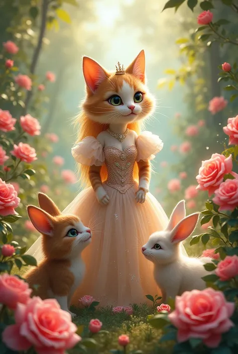 A beautiful princess cat playing in beautiful rose with her friends bunny 