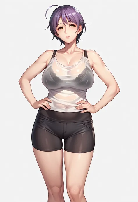 yoshizawakana, solo, looking at viewer, smile, (large breasts:1.4), simple background, shirt, white background, bare shoulders, brown eyes, underwear, standing, collarbone, cowboy shot, ahoge, shorts, barefoot, bra, see-through, hand on hip, short shorts, ...