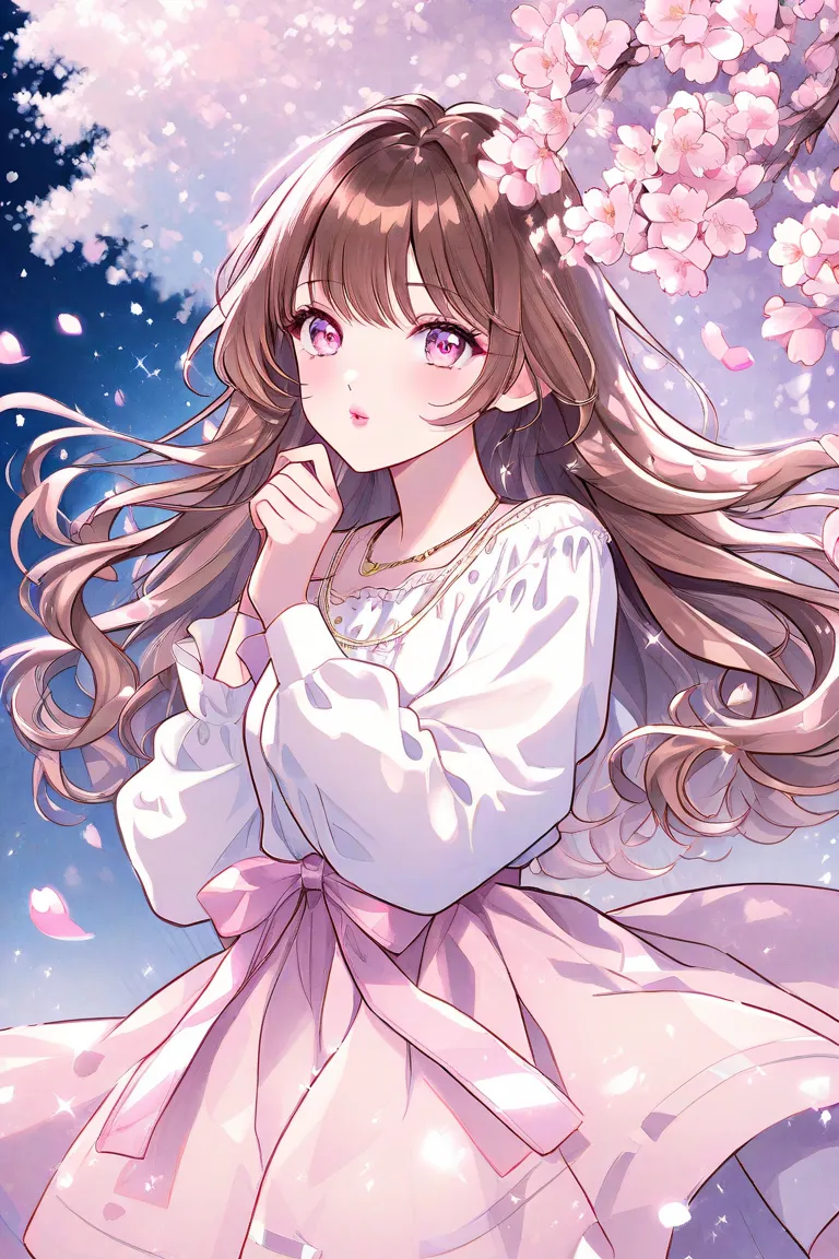 watercolor、 illustrations、1 girl、 beautiful face、cute、Night Sky、 cherry blossoms at night、caramel brown hair 、 long hair 、light pink eyes、Super droopy eyes、 teardrop bags、 white blouse、skirt、necklaces、pink cheeks、 small lips by Telebi、pink lips、 from afar、