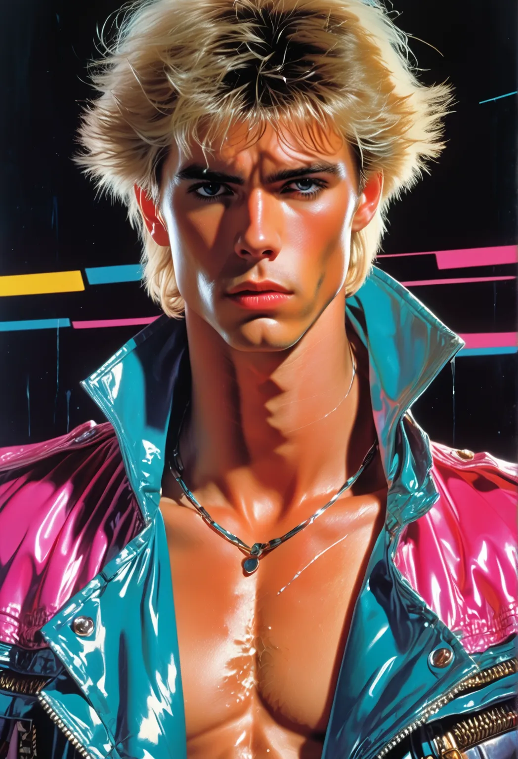 Observe every detail perfectly,(80's, retro, Underworld Pop:1.5), (Album cover), (masterpiece, Please redeem), (anime, shape), (Pastel colors:1.4), Dynamic Angle, Delicate face, handsome boy、80s anime style, Charging a massive energy, Very angry, no shirt,...