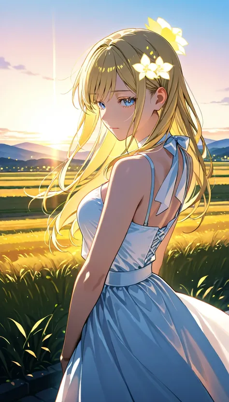 beautiful girl、 with a sad expression、looking blankly into the distance、white dress、long blonde hair、 Close、Graceful posture、Rural landscape at dusk、Warm Light、 Soft Atmosphere、4K high resolution、realistic、Superb Miniature Picture、professional illustration...