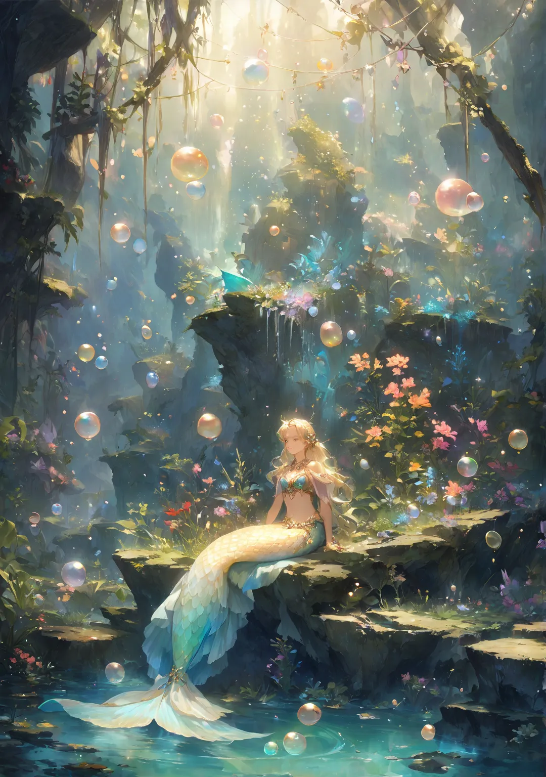 Mermaid sitting on a rock surrounded by bubbles and plants,  Gold, Mermaids are singing,  Anime Fantasy Illustrations ,  anime fantasy art , beautiful fantasy anime, Lake Wizard