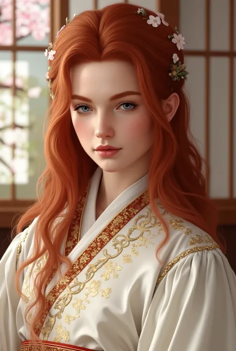 A realistic portrait of a high-ranking omega from Imperial Japan, dressed in a luxurious white uchikake kimono with intricate gold embroidery. He has long, wavy, vibrant auburn hair cascading over his shoulders and striking blue eyes, giving him a slightly...