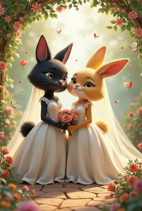 A black cat and a yellow bunny getting married both of them are female and wearing wedding dresses 