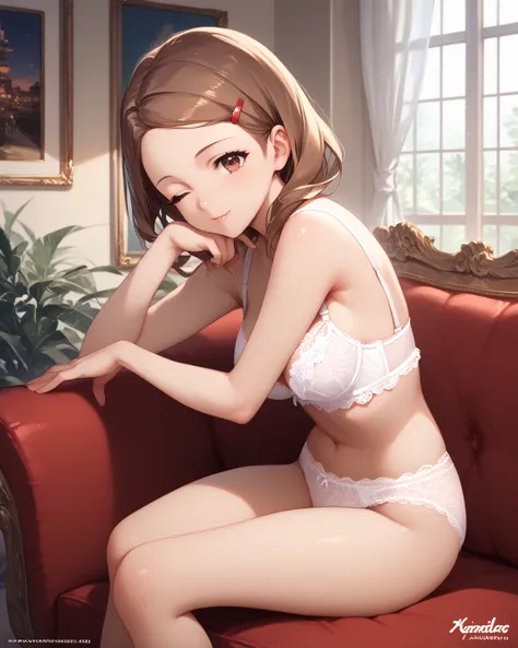 hikari yagami, brown hair, brown eyes, hair clip, forehead,,score_9, score_8_up, score_7_up, score_6_up, source_anime, anime, masterpiece, best quality, naked, lace-trimmed bra, lace-trimmed panties, lingerie, living room, one eye closed, posing, posing fo...