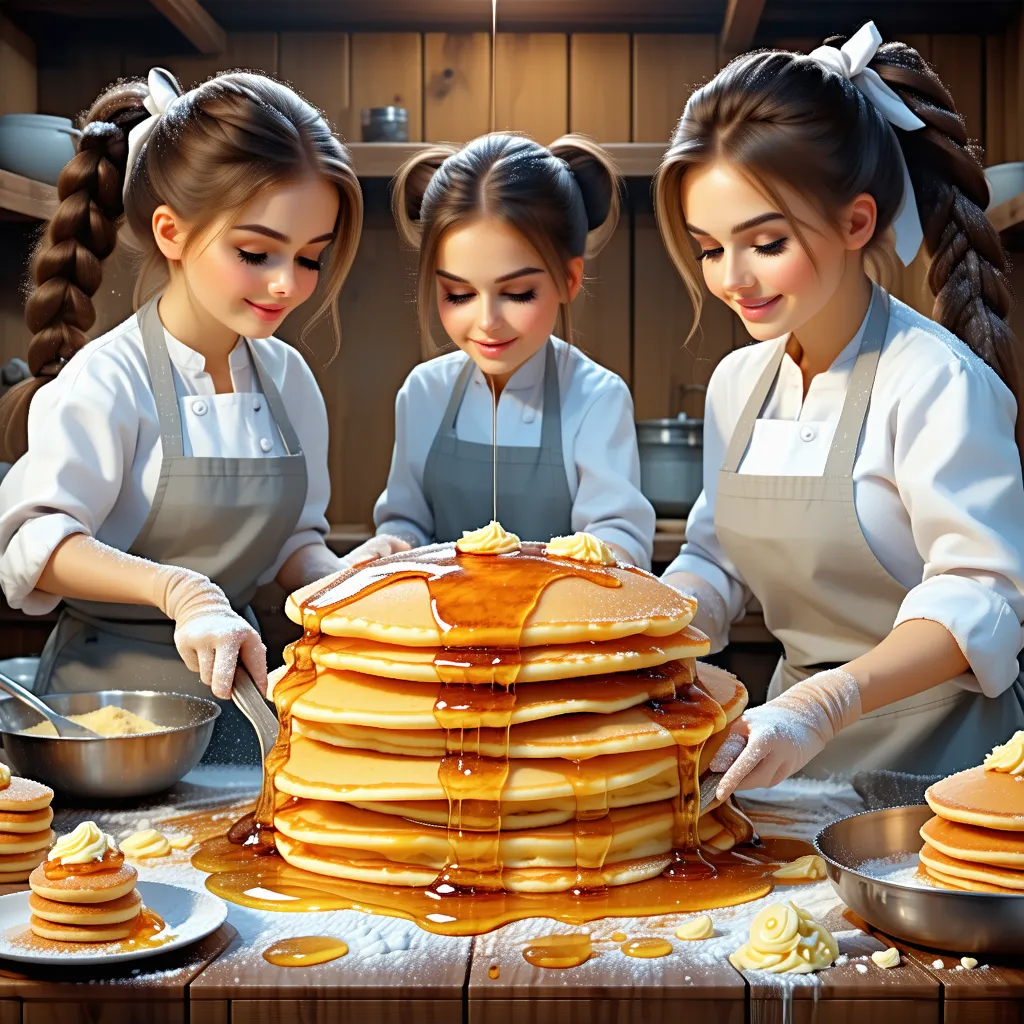  a drawing of little women in white coats and aprons preparing giant pancakes. Everything in bright, rich colors. Honey flows out between layers of pancakes. The glare of daylight in the wooden kitchen.  Ultra-HD,  Hyperdetail , 3D photo. Aspect ratio 9 :1...