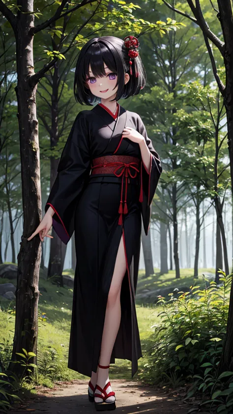 a woman in black Japanese priestess robes, with the red rope strap. She is standing on the branch of a tree, in a black wood forest. Her black hair is thrown to the wind by one of her hands, and on her lips covered by purple lipstick, a sadistic smile comb...