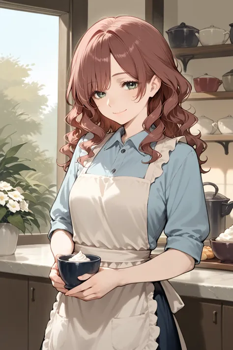 score_9, score_8_up, score_7_up,source_anime,solo,beautiful adult woman
,medium length wavy hair, soft curls, warm smile, natural and cute, apron, cafe setting, friendly demeanor, gentle expression, cozy atmosphere, feminine outfit





