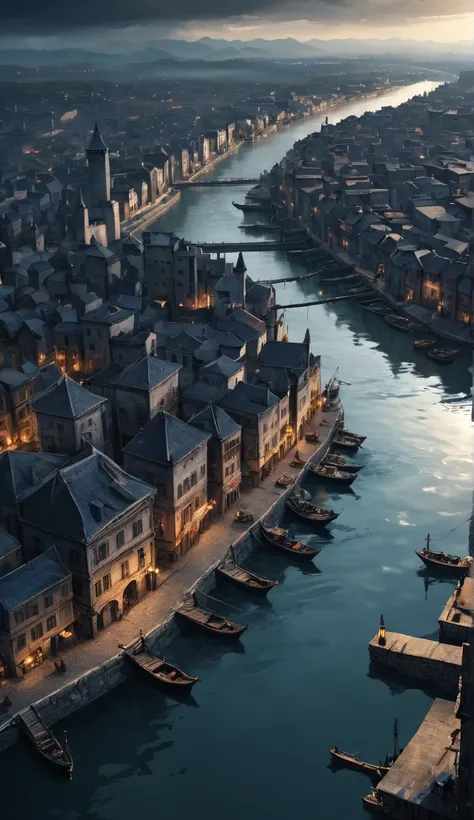 
(angle: Low-angle)
A port city seen from afar .  In which a large river flows through and in the middle of the city is the great port. All this in a dark fantasy world in the Middle Ages with fewer buildings