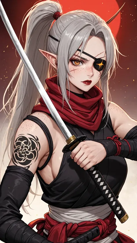 1girl, long hair, gray hair, ponytail, eye patch, kunoichi, samurai, beautiful, pointy ears, holding a katana, amber eyes, sun, D&D, warlock, freckles, dark red lips, scar on eye, black tint on eye, white katana, nodachi, freckles on face, eyepatch, black ...