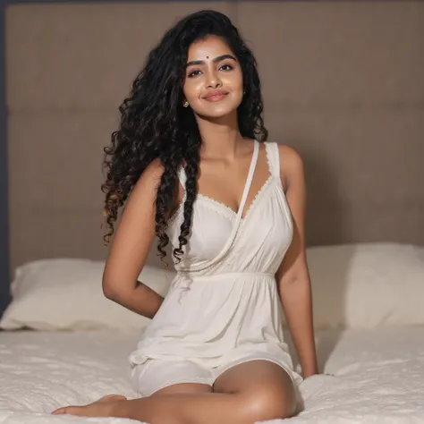 A full body photo of an Indian Woman wearing a sexy white knee length sexy night dress sitting on a bed. Her cleavage is exposed. She is looking at the viewer with a seducing smile. 