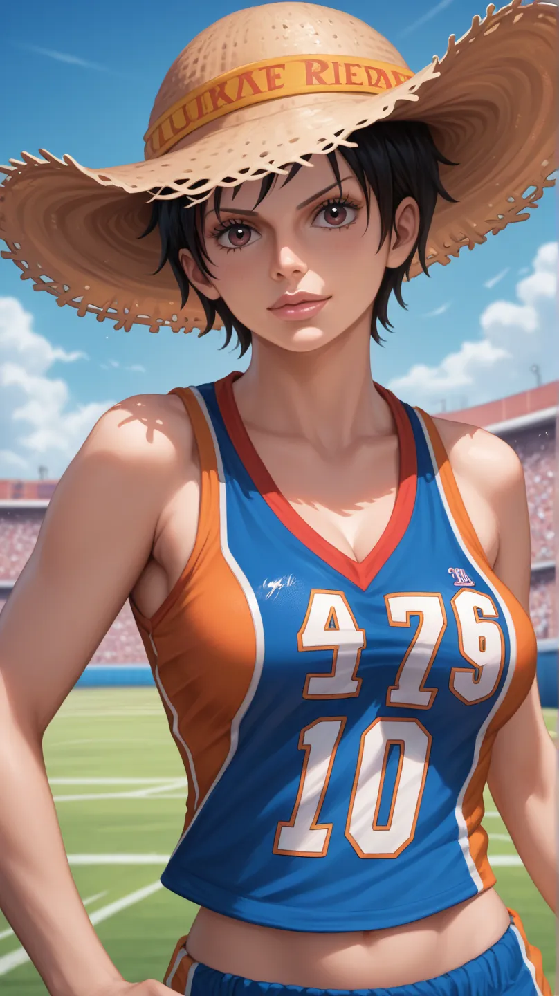 Lufi from One Piece, wearing the Real Madrid shirt, with his signature hat ,