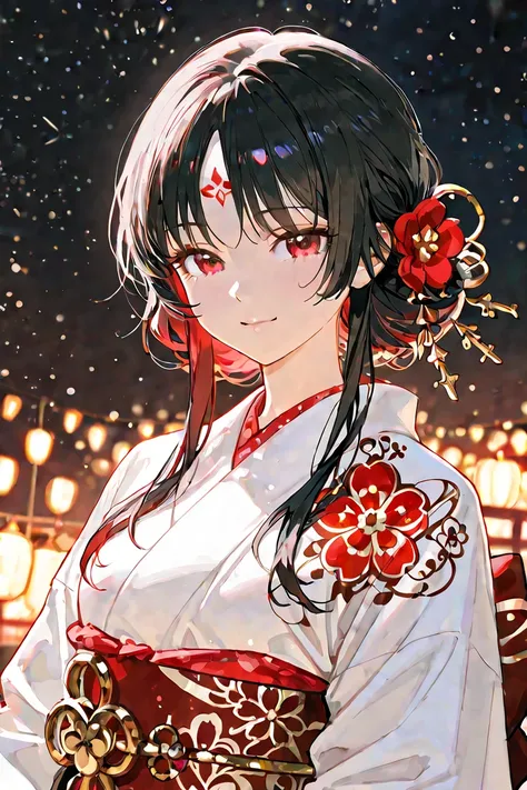  woman with black hair and red bangs on her forehead, with white clothes with black and red details lunar festival style, only the face