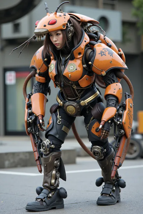 Masterpiece, top quality, 8k, Japanese woman in heavy armed cockroach-like animal bio suit, A machine is implanted in the living body, inverted jointed leg, vvivid color and vivid textures, ultimate realistic beautiful female face, bio-mechanical, ultimate...