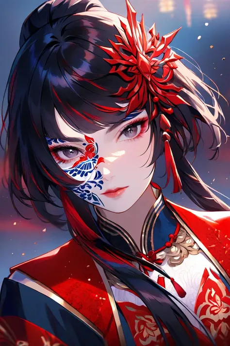  woman with black hair and red bangs on her forehead, with white clothes with black and red details lunar festival style, only the face