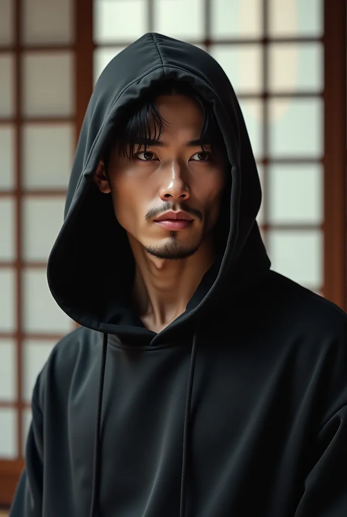 handsome asian man in a black hoodie,  Japanese aesthetics 