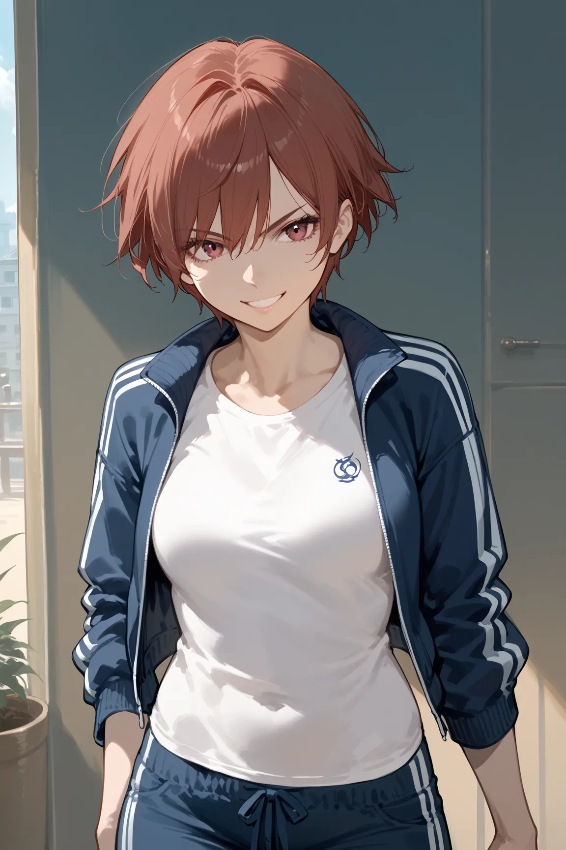 score_9, score_8_up, score_7_up,source_anime,solo,beautiful adult woman
, short hair, boyish, athletic physique, confident smile, casual outfit, dynamic pose, energetic, sporty, t-shirt and jacket, determined expression







