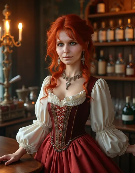 girl bartender in the Renaissance style,  red hair , a care , photorealism, girl standing at the bar, fluffy dress,  silver jewelry , glasses behind,  bottles on the shelves , vintage furniture, good lighting,  detailed study , high quality, 8k, HDR, profe...