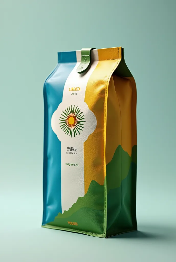 Create me a pack of yerba mate called LIBERTA, that the package has colors related to Argentina and that is unique, unparalleled, striking, with a mini thing that closes the package