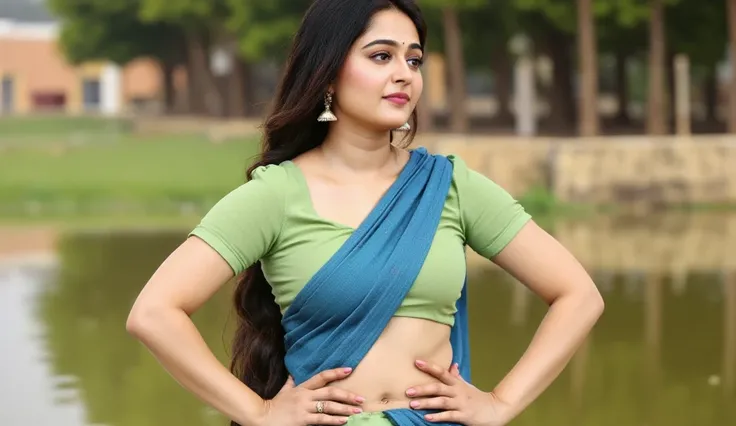 Indian woman  opened blouse, nipple visible, standing near a pond show full curvyfigure, full body, perfect figure curvy hip ring in belly button 