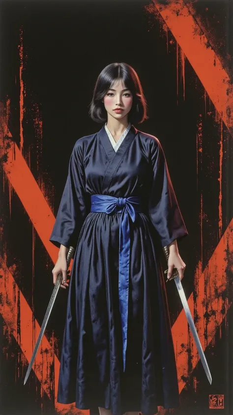 A female warrior, , Direct vision, Short black hair, pale,  kimono, Small chest, leg, Wide hips, 大leg,  stands, holding a katana in both hands, red light illuminates one side of her face, female black and blue tones, Bright red, background with red strokes...