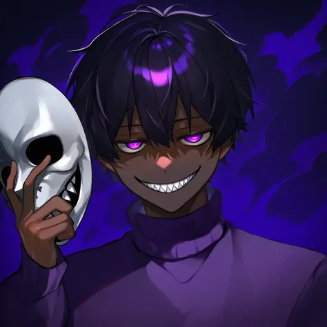  alone, 1 boy, Grim reaper mask  , dark skinned, sample of teeth , sharp teeth,  evil smile, jitome, villain pose, shiny purple eyes, purple turtleneck sweatshirt,  short hair, black hair, purple hair, Hand pulling the mask up