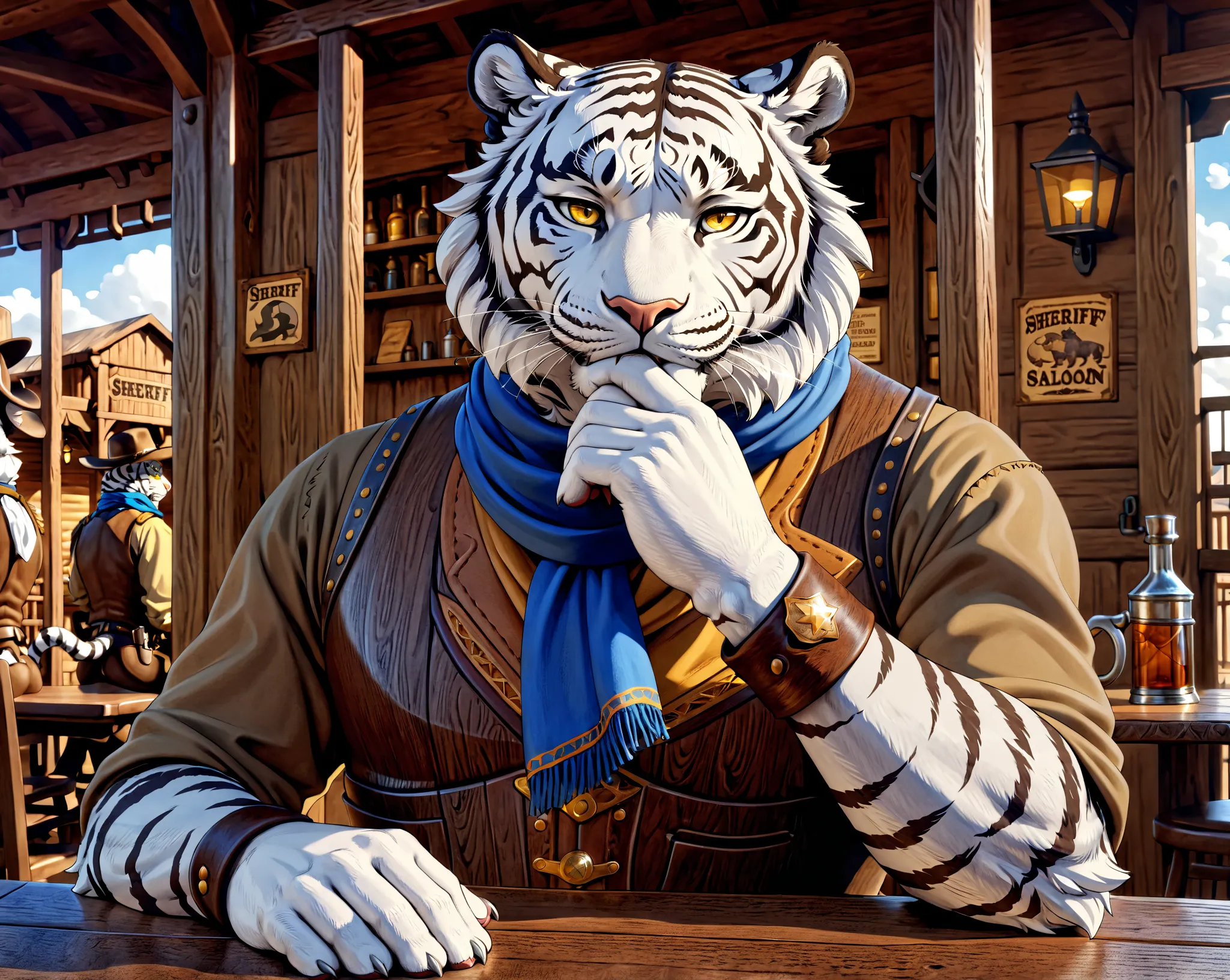 (Masterpiece, Absurdres, Hyper detailed, 4k, UHD) Anime-style illustration, Anatomically correct, (((Solo))) Fantasy Western, 1 Neat adult male, White tiger, Yellow eyes, Serious, Sheriff, Sheriff-style outfit, Blue-scarf, Western Saloon, Sitting at a tabl...