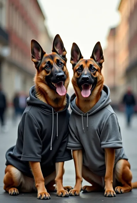 A fashionable German Shepherd dog and an athletic American Bully dog posing together in a romantic and playful moment. The American Bully is wearing sporty workout clothes, while the German Shepherd wears casual yet stylish streetwear. They are sitting clo...