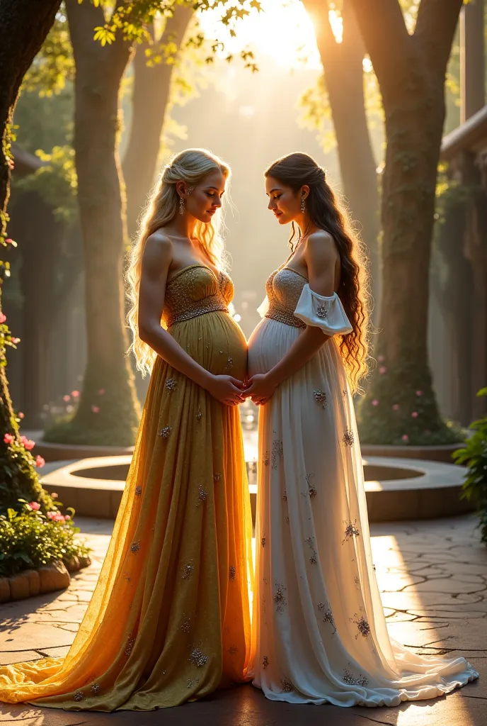 A magical and elegant portrait of Laurebrían, Celebrían, and Arwen standing together in a serene elven courtyard at sunset. Laurebrían, visibly pregnant, has long, flowing golden-blonde hair cascading in soft waves and brilliant blue eyes. She wears a flow...