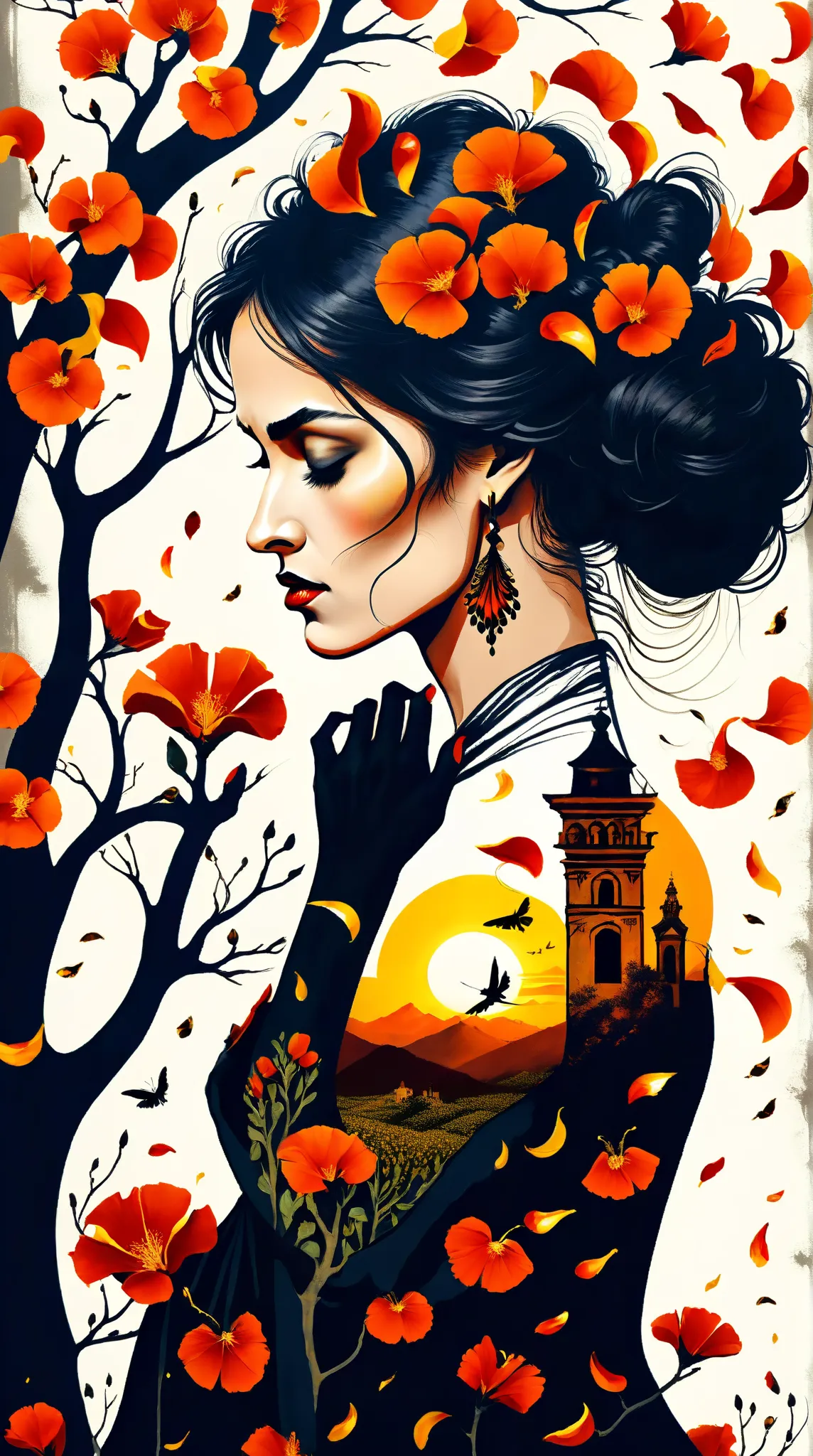 In the heart of Andalusia, where sun-scorched plains, ancient rivers, and molten sunsets collide, a Flamenco dancer embodying Spain’s Gypsy soul emerges—her form a tempest of fire and shadow, hair raven-black and coiled with rose petals, trailing cigarillo...