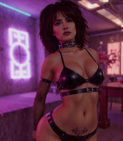 Young salma hayek 1995 ,masterpiece, cinematic light, (perfect skin:1.2,), salmahflx, lace lingerie, with a womb tattoo on her stomach, bright and vivid colors, in a brightly lit neon cyberfantasy club, hdr 4k professional photography 