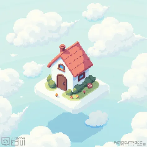 mini house in the clouds top down view pixelart