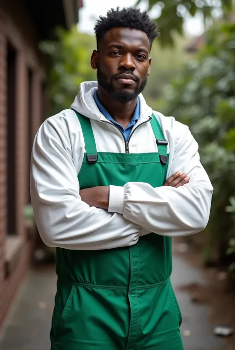 Black man who works with disinfestation, properly equipped with the white and green jumpsuit,  crossing arms . 