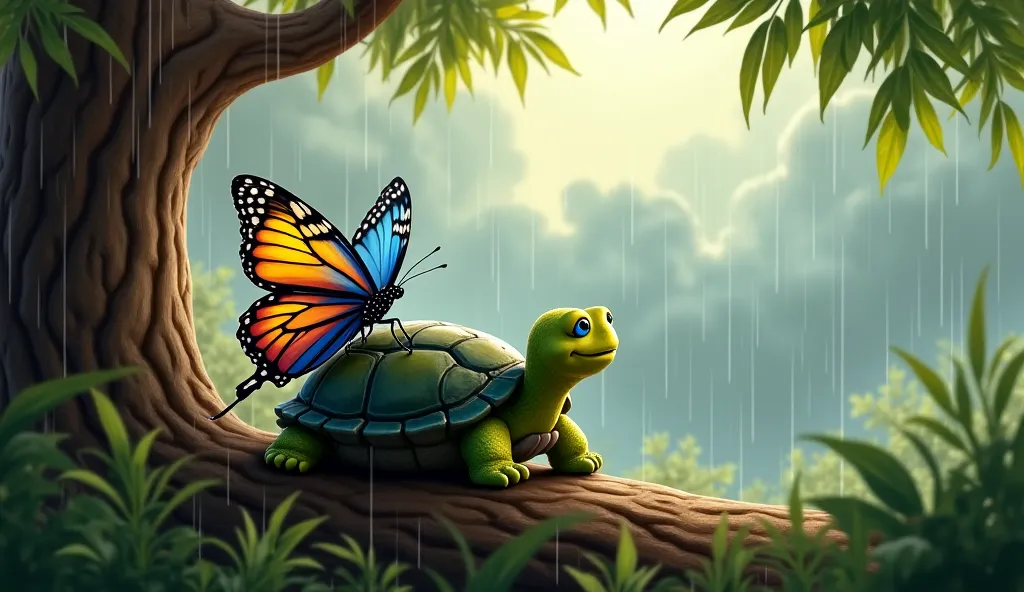 "Benny the butterfly, a beautiful butterfly with bright blue, yellow, and red wings, sits beside Toby the tortoise, a sturdy green tortoise with a dark green shell, on a thick tree branch. Benny looks relieved and grateful, while Toby smiles gently. The st...