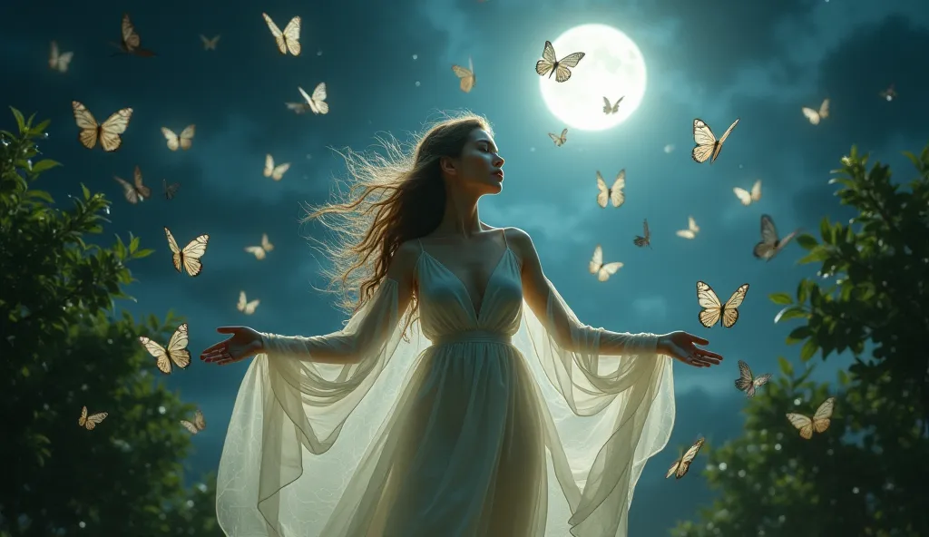 A very beautiful woman with open arms butterflies fly around her at night you can see the moon