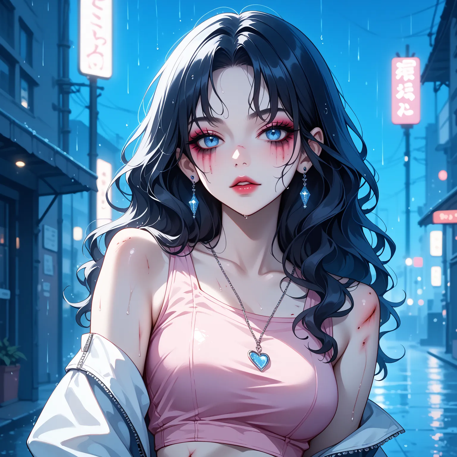 1woman, (modern anime rooftop background:1.5), long black wavy hair with messy unkept bangs, bruised body with subtle makeup and color-corrected skin, heroin-chic aesthetic, wearing elbow warmers to conceal track marks, frayed jean shorts, dark pink crop t...