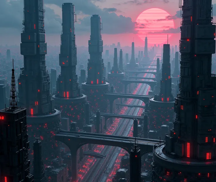 Anime style, Cyberpunk landscape from above,  black, Gray, blue, rot, white, Neon lights, dark, grim, large holograms