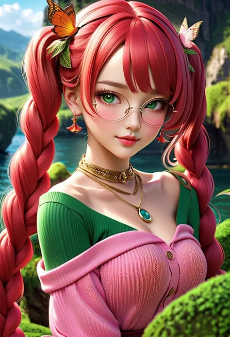 This character embodies the essence of kawaii sweetness, radiating an aura of charm and allure. Her voluminous red hair is intricately braided into two playful twin tails that frame her captivating face, adding to her enchanting presence. Her mesmerizing g...