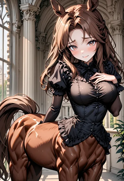 solo, solo, female, centaur, large breasts, thin waist, young, shy, intelligent, ballet, student, Chestnut brown fur, flaxen mane and tail, gentle, smile, mansion, close up, horse body, horse legs, centaur, centaur, Victorian, centaur girl