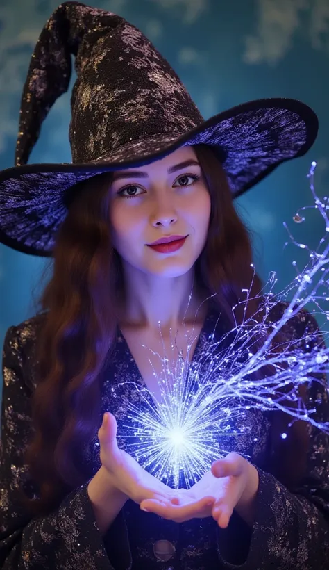 A shimmering holographic to represent witchcraft.  This mesmerizing artwork transports viewers into a fantastical realm where magic and technology seamlessly blend, creating a visual masterpiece that sparkles with ethereal beauty.