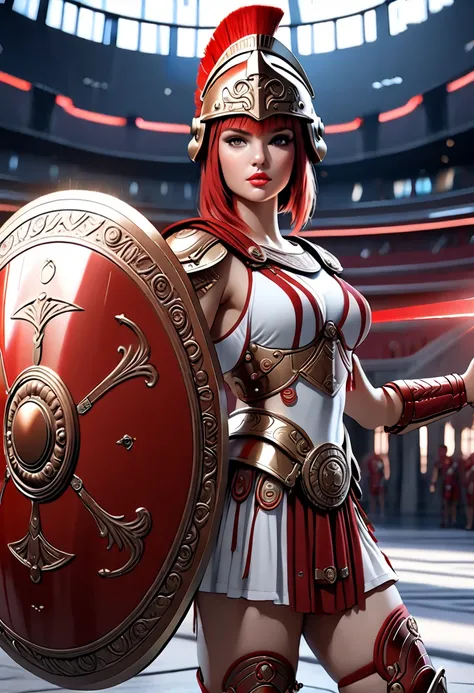  ( bestquality,4K,8k, highres,masterpiece:1.5),ultra-detailed,(realistic,photorealistic,photo-realistic:1.3),HDR,UHD,depicts future robot armor with motifs of gladiators from the ancient Roman Empire、 Concept Art Style 、１８a beautiful red haired girl with r...