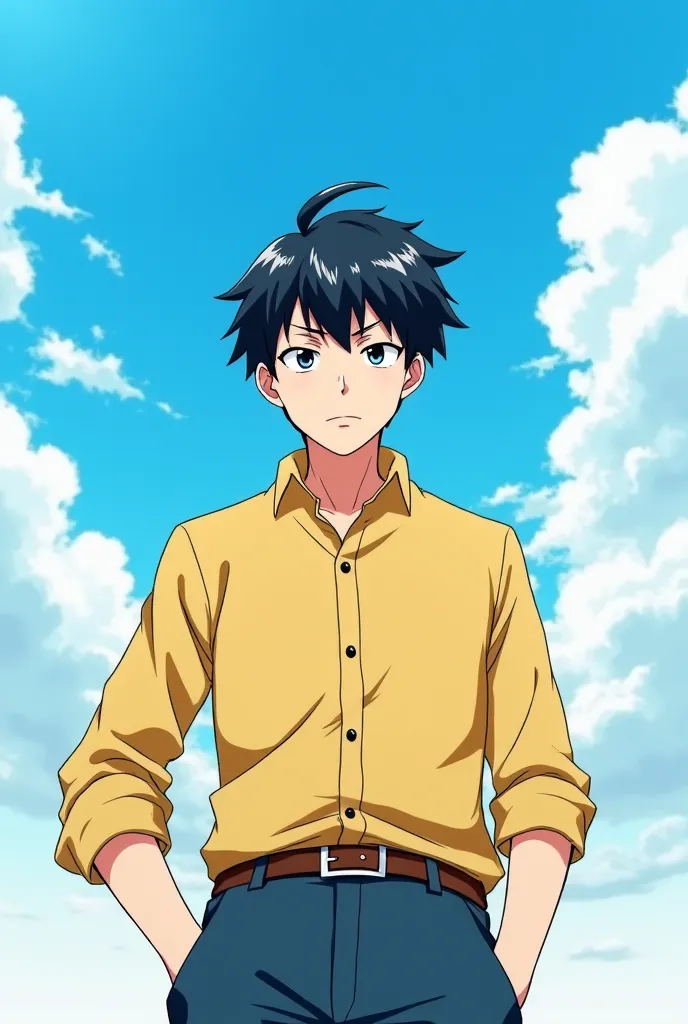  Anime style. anime man, 25 years old.  black hair.  in full.  clear day , blue sky from above. One in the picture. Man fights. Man fights кулаками. A man in bright and light-colored clothes.   serious face