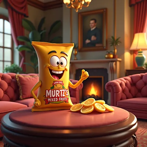 Create a 3D cartoon image of the Potato chips mixed fruits package, branded "Muntz's", is placed on the table with the light shining on it to make it stand out.  Surrounding area is a luxury living room.