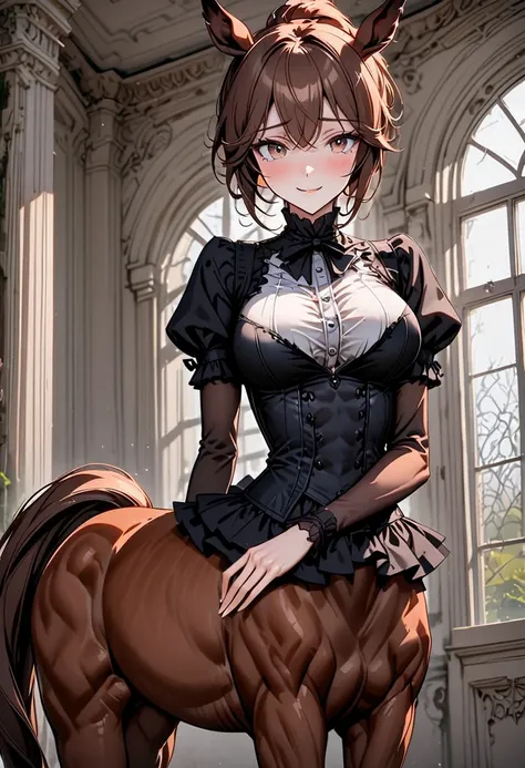 solo, solo, female, centaur, large breasts, thin waist, young, shy, intelligent, ballet, student, Chestnut brown fur, flaxen mane and tail, gentle, smile, mansion, close up, horse body, horse legs, centaur, centaur, Victorian, centaur girl, very tall